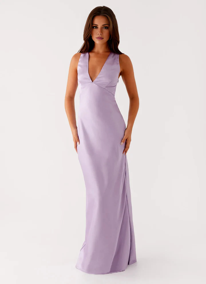 Lilac Satin Sheath V-Neck Crisscross-Back Floor-Length Prom Dress