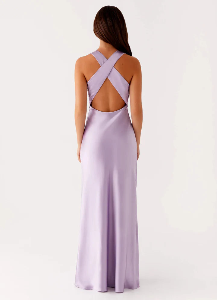 Lilac Satin Sheath V-Neck Crisscross-Back Floor-Length Prom Dress