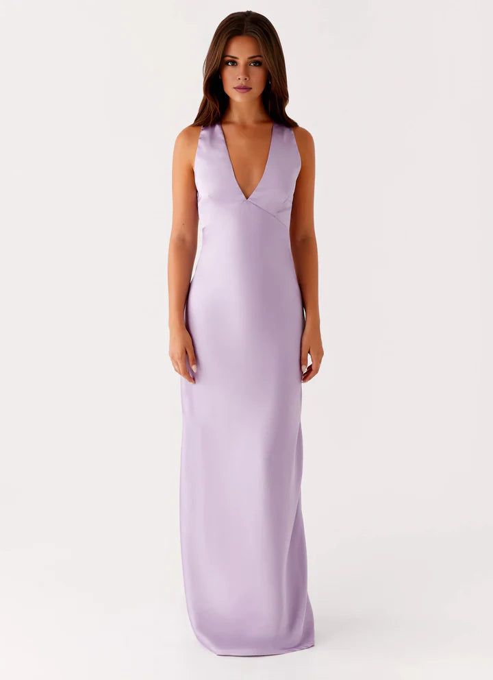 Lilac Satin Sheath V-Neck Crisscross-Back Floor-Length Prom Dress