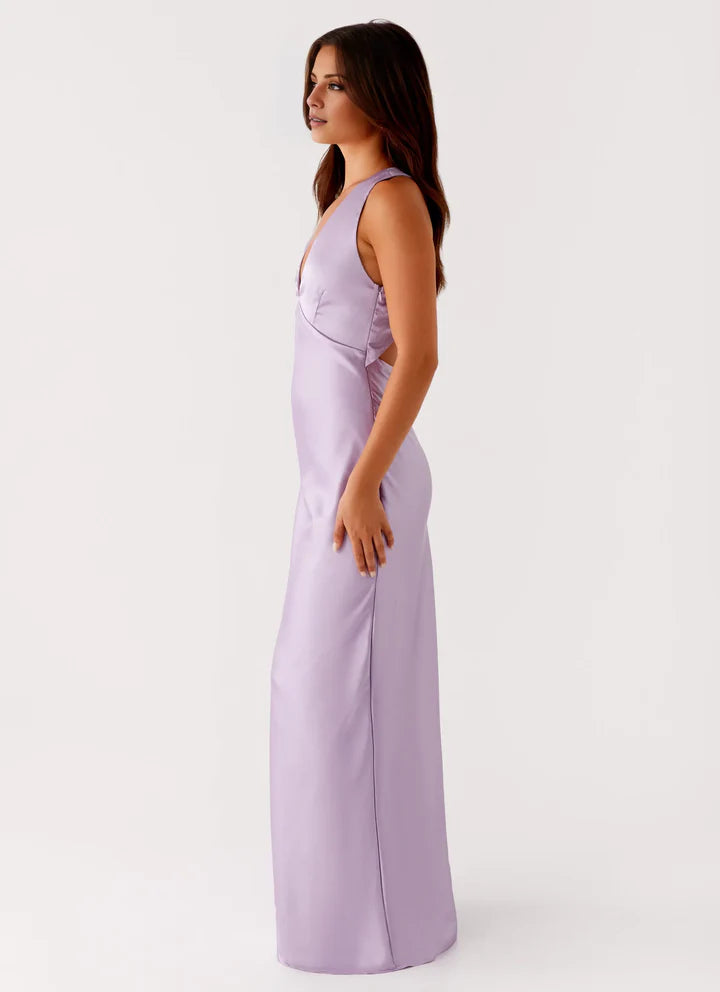 Lilac Satin Sheath V-Neck Crisscross-Back Floor-Length Prom Dress