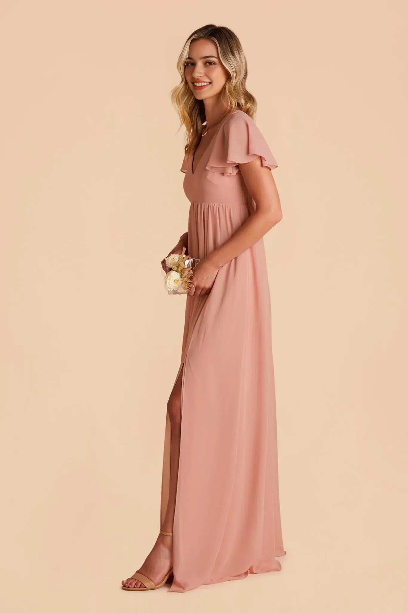 Minimalist Blush V Neck Prom Dress Flutter Sleeves Side Slit for Clean Line Urban Formal Events