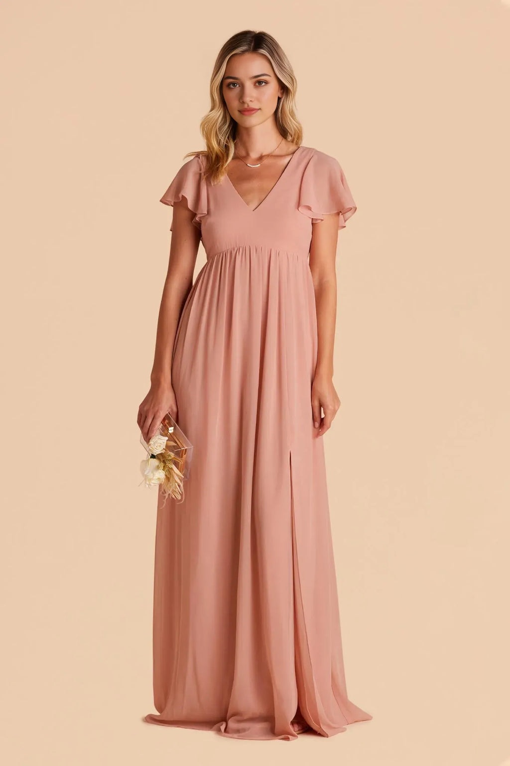 Minimalist Blush V Neck Prom Dress Flutter Sleeves Side Slit for Clean Line Urban Formal Events