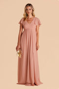 Minimalist Blush V Neck Prom Dress Flutter Sleeves Side Slit for Clean Line Urban Formal Events