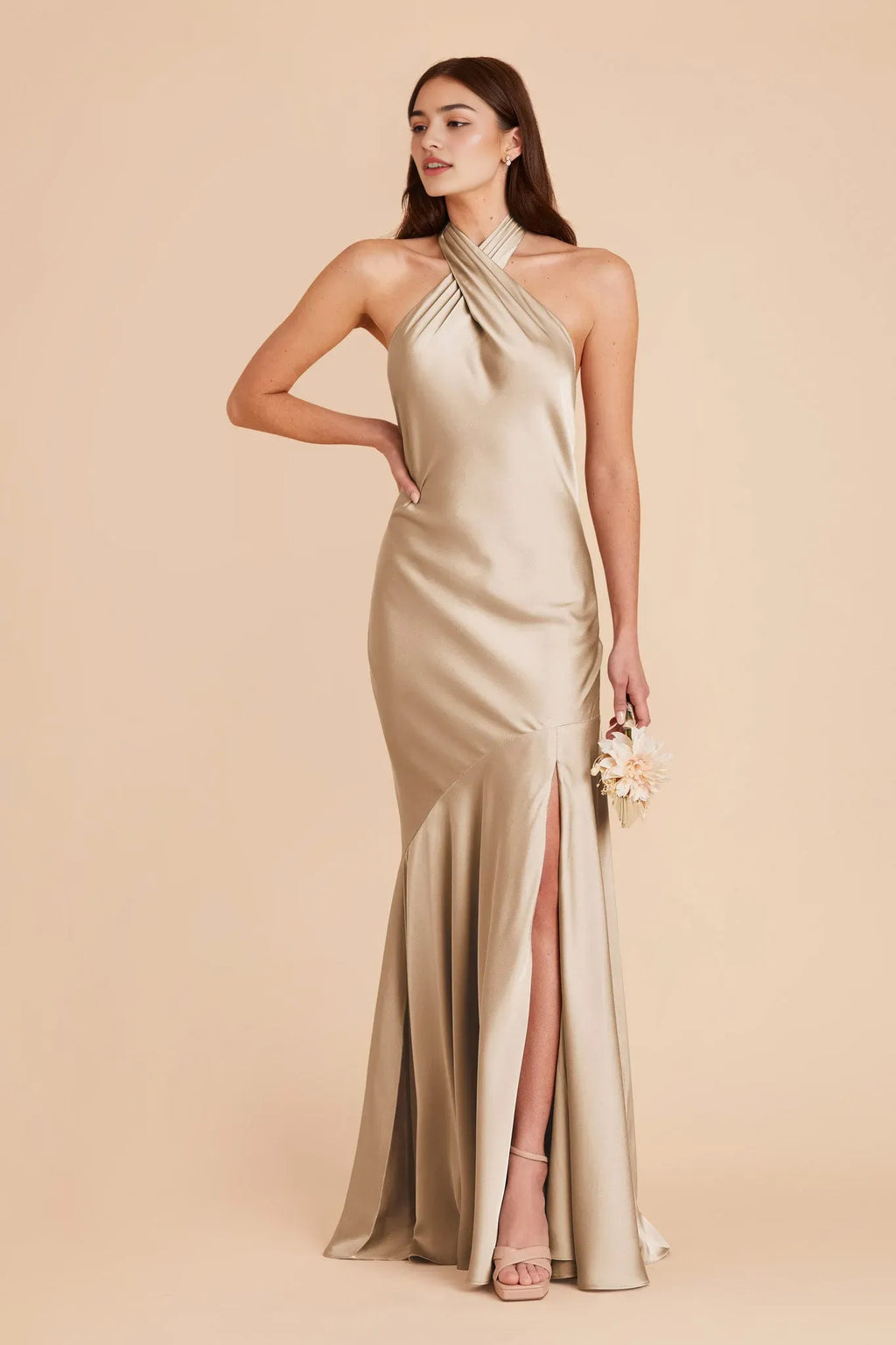 Champagne Minimalist Halter Dress Cross Neck Side Slit for Understated Luxury