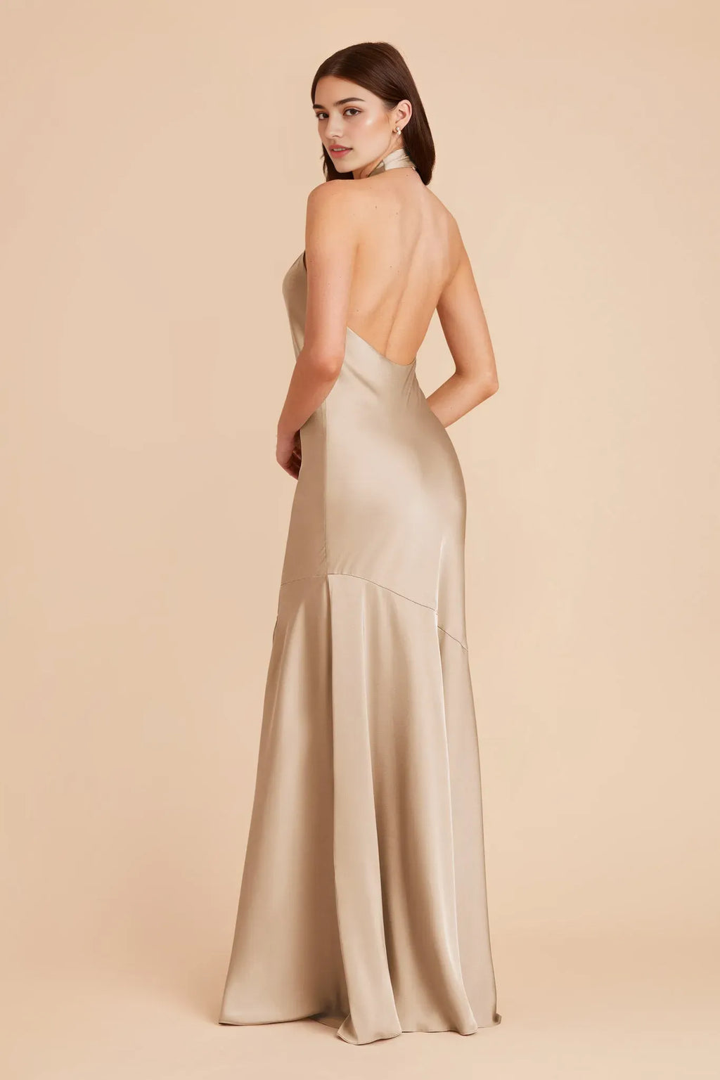 Champagne Minimalist Halter Dress Cross Neck Side Slit for Understated Luxury