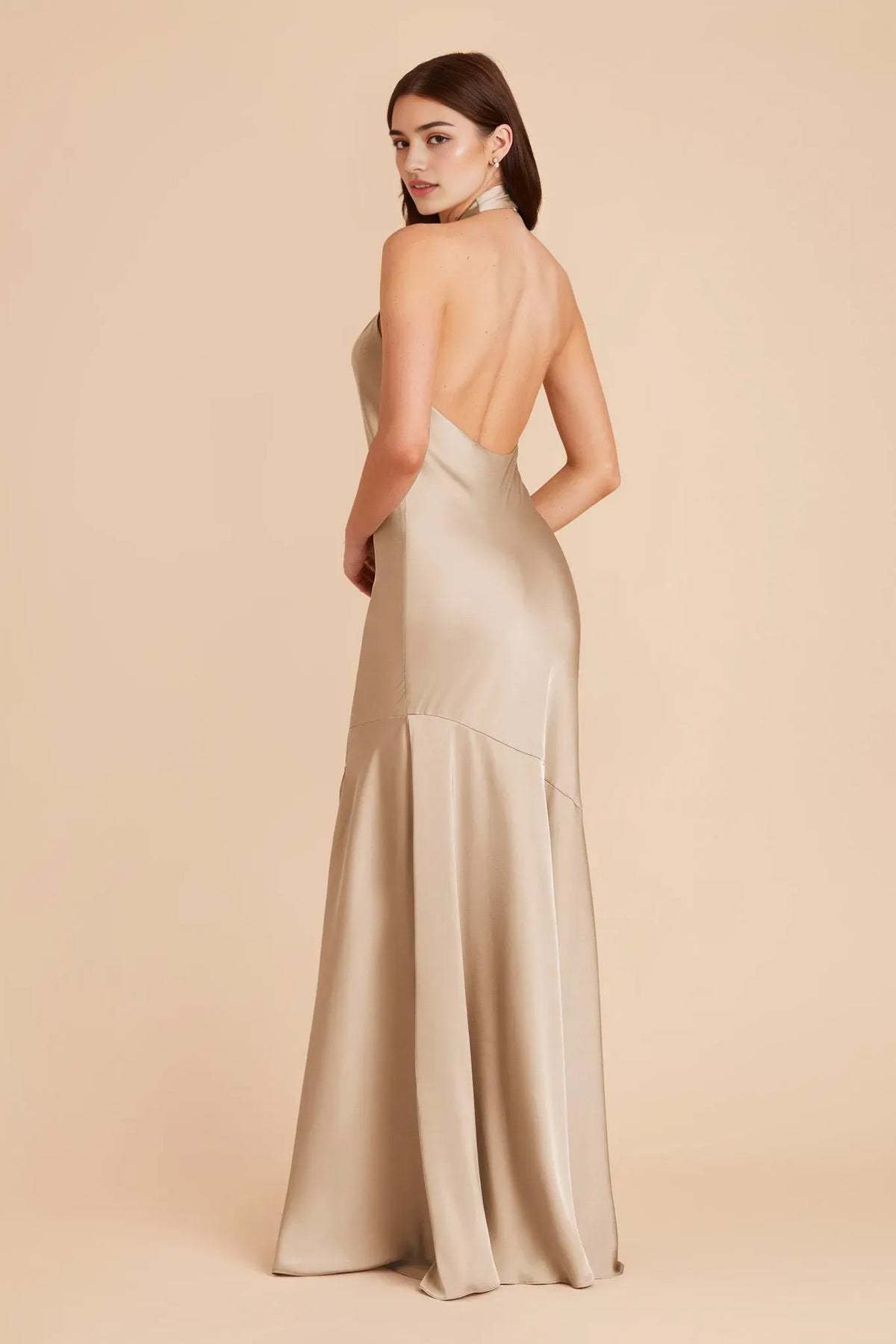 Champagne Minimalist Halter Dress Cross Neck Side Slit for Understated Luxury