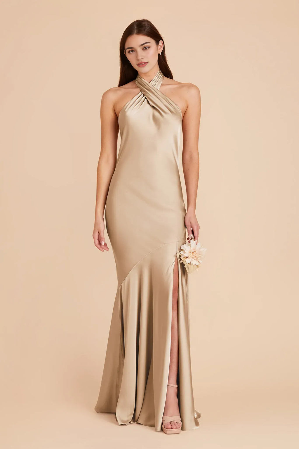 Champagne Minimalist Halter Dress Cross Neck Side Slit for Understated Luxury