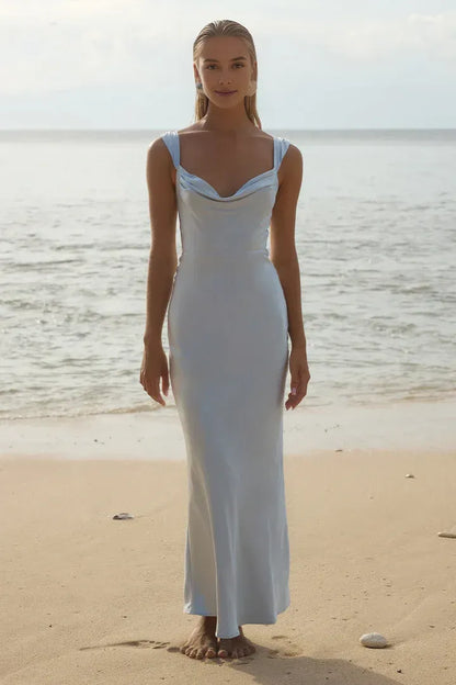 Graceful Stylish Refined Elegant Sage Green Satin Cowl Sleeveless Mini Prom Dress