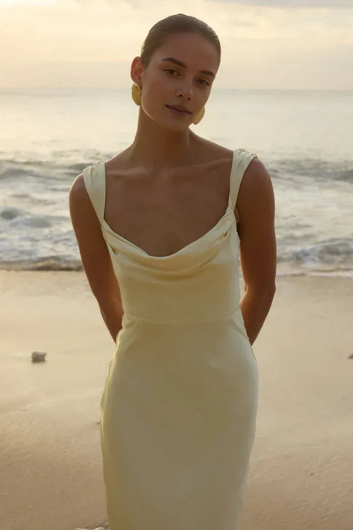 Graceful Stylish Refined Elegant Sage Green Satin Cowl Sleeveless Mini Prom Dress