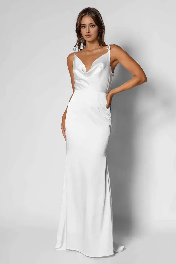 Special Occasion Sophisticated Graceful Elegant White Satin Cowl Sleeveless Floor-Length Wedding Dress