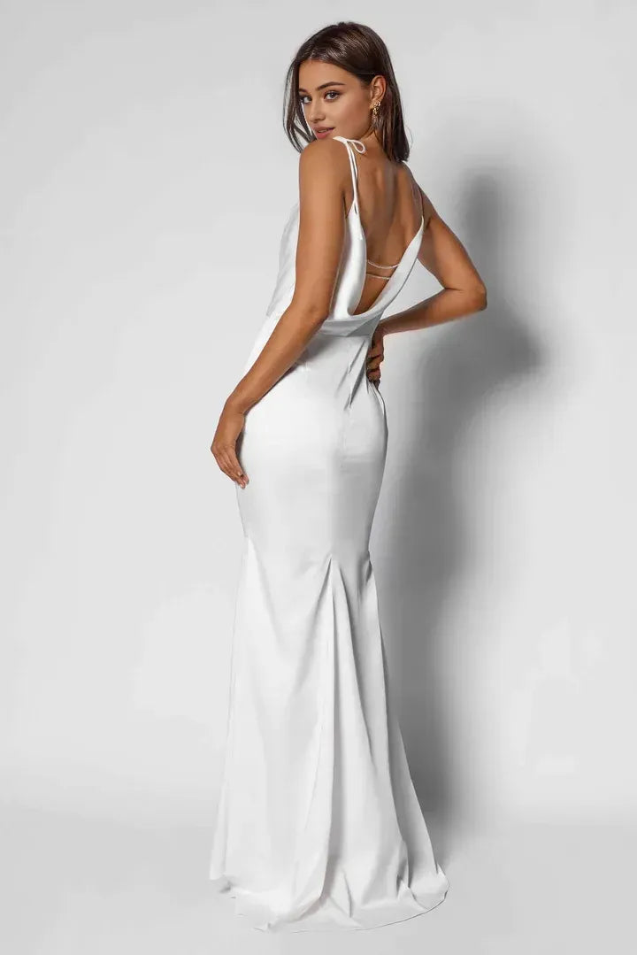 Special Occasion Sophisticated Graceful Elegant White Satin Cowl Sleeveless Floor-Length Wedding Dress