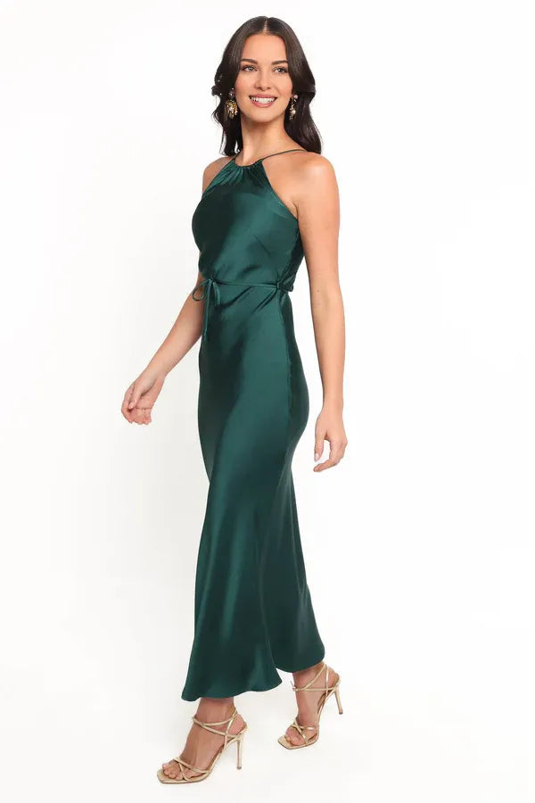 Special Occasion Sophisticated Graceful Elegant Emerald Green Satin Halter Sleeveless Mini Prom Dress