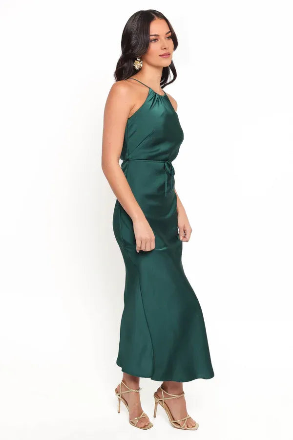 Special Occasion Sophisticated Graceful Elegant Emerald Green Satin Halter Sleeveless Mini Prom Dress