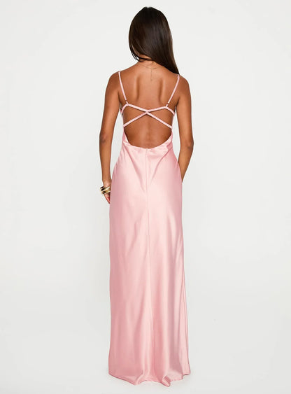 Special Occasion Sophisticated Graceful Elegant Pink Satin Square Neck Sleeveless Floor-Length Prom Dress