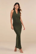 Green Minimalist Olive Halter Neck Evening Dresses with Plunging V - Neck Bodycon Fit Sophisticated Style for Formal Galas