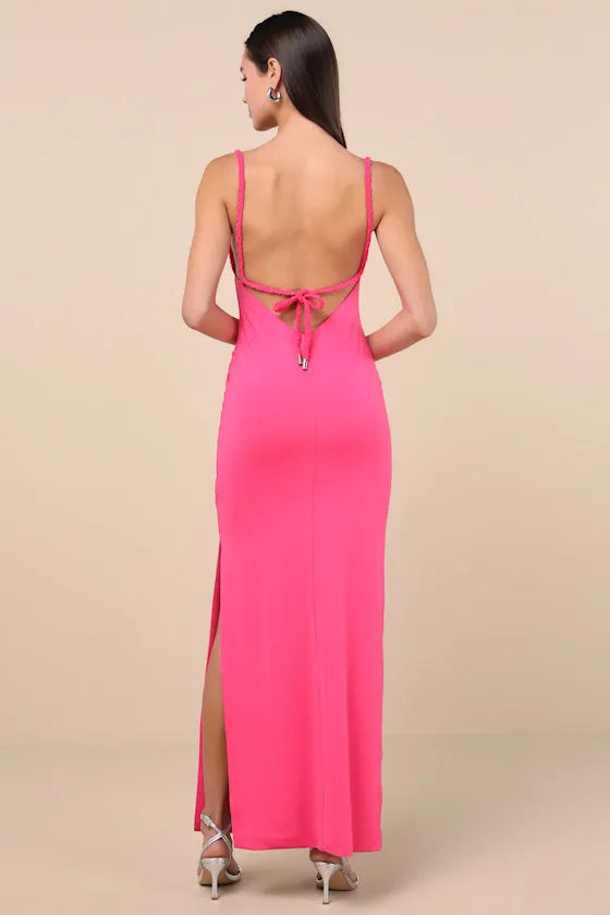Pink Minimalist Spaghetti Strap Evening Dresses with Cowl Neck Side Slit Perfect for Understated Luxury