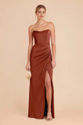 Rust Minimalist Strapless Prom Dress - Sleek Silhouette with Side Slit for Understated Elegance