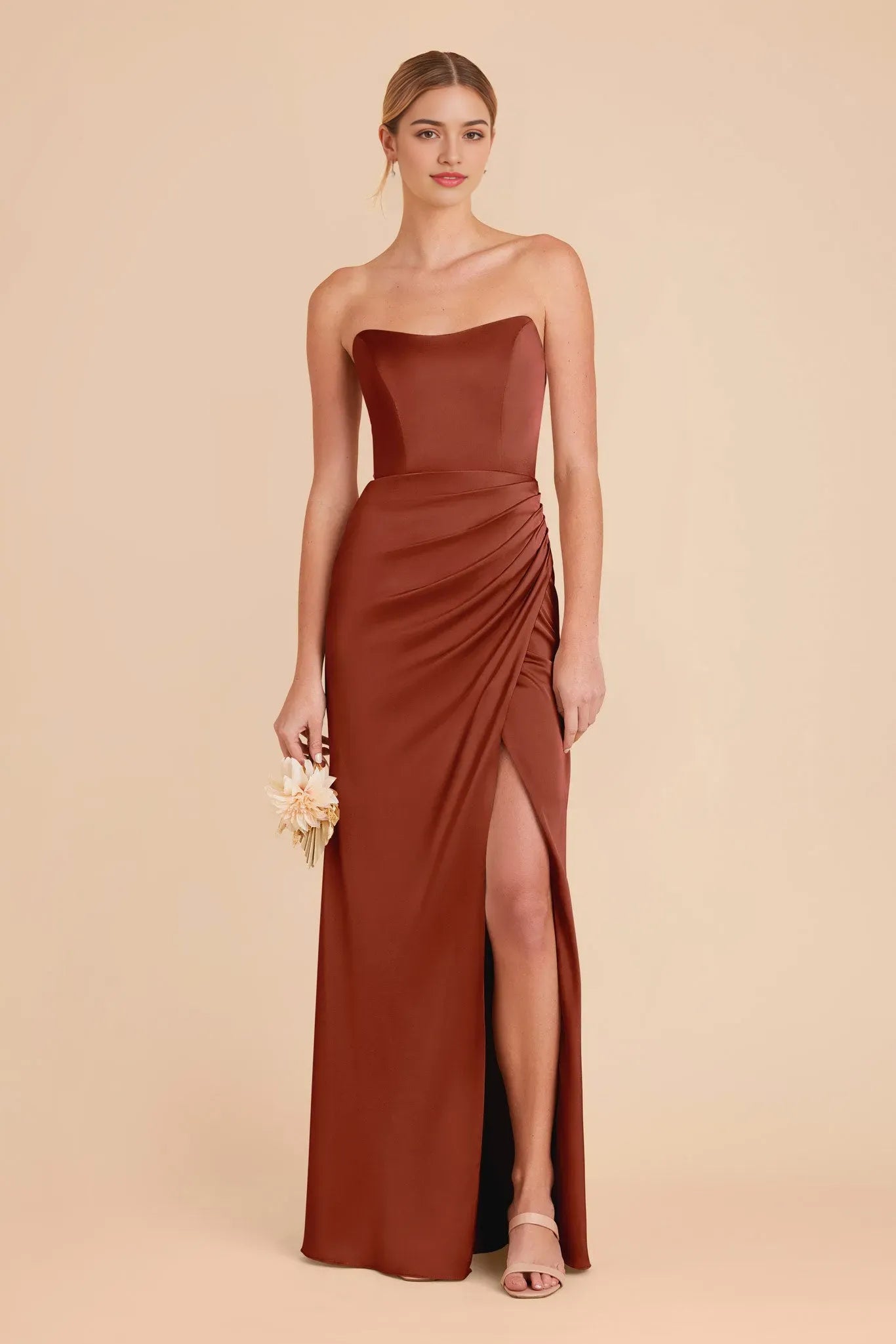 Rust Minimalist Strapless Prom Dress - Sleek Silhouette with Side Slit for Understated Elegance