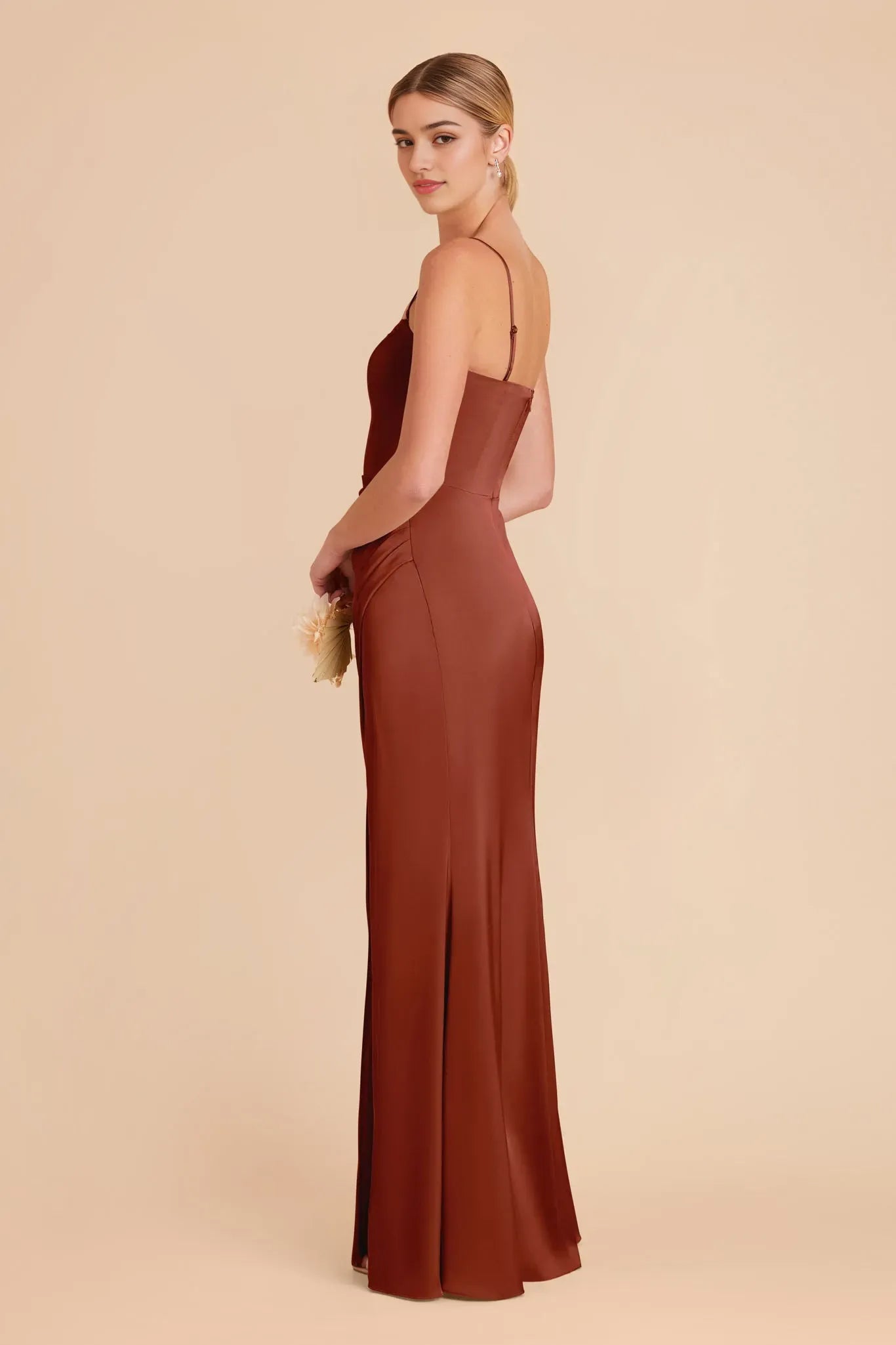 Rust Minimalist Strapless Prom Dress - Sleek Silhouette with Side Slit for Understated Elegance