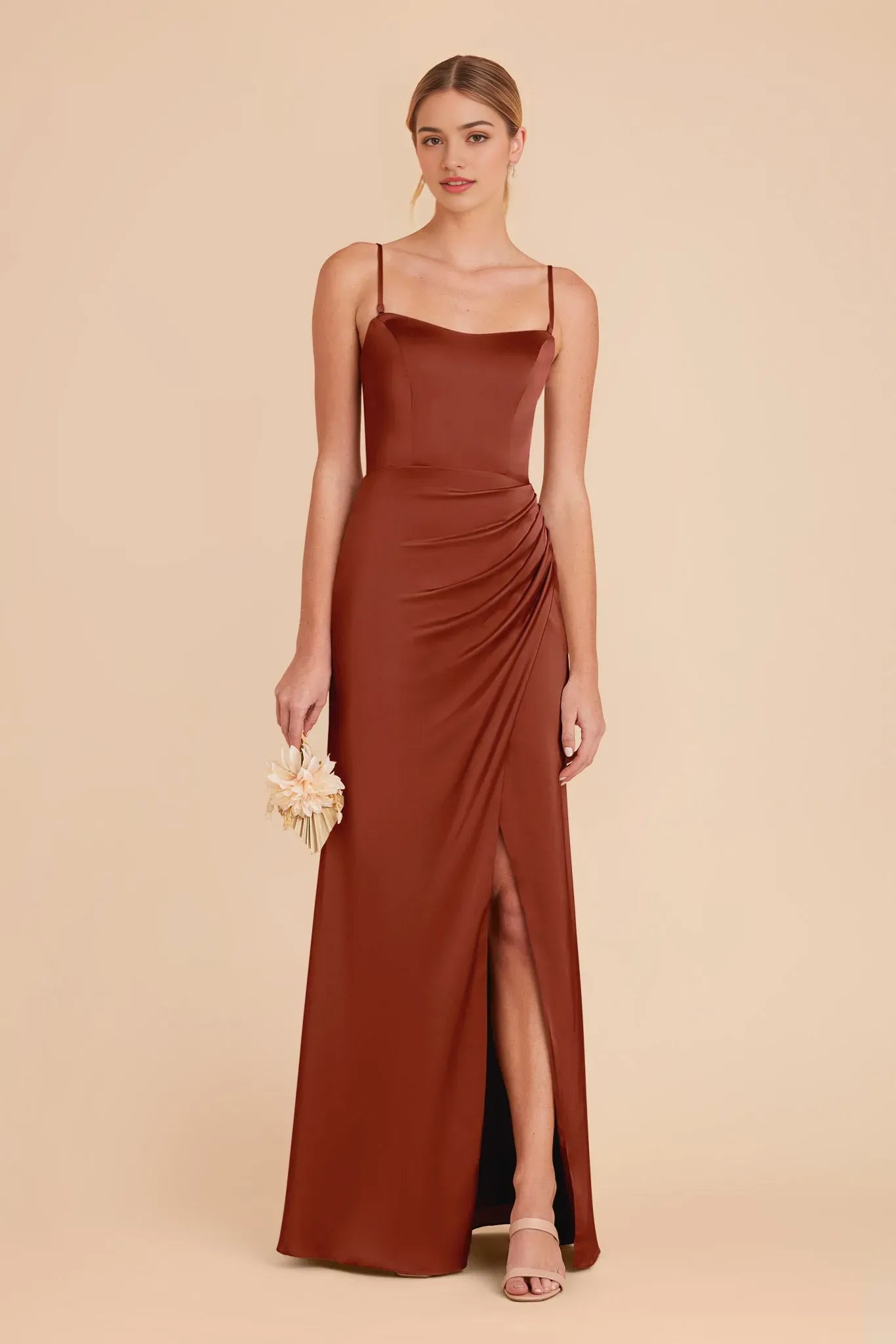 Rust Minimalist Strapless Prom Dress - Sleek Silhouette with Side Slit for Understated Elegance