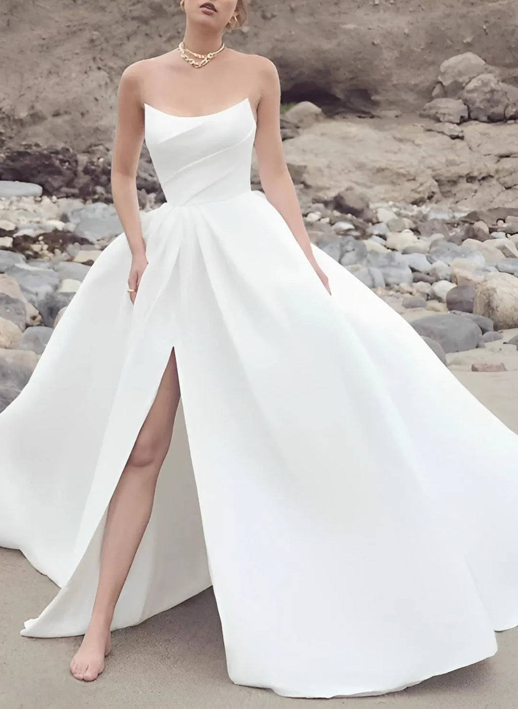 Minimalist Strapless Wedding Dress Clean Lines High Slit