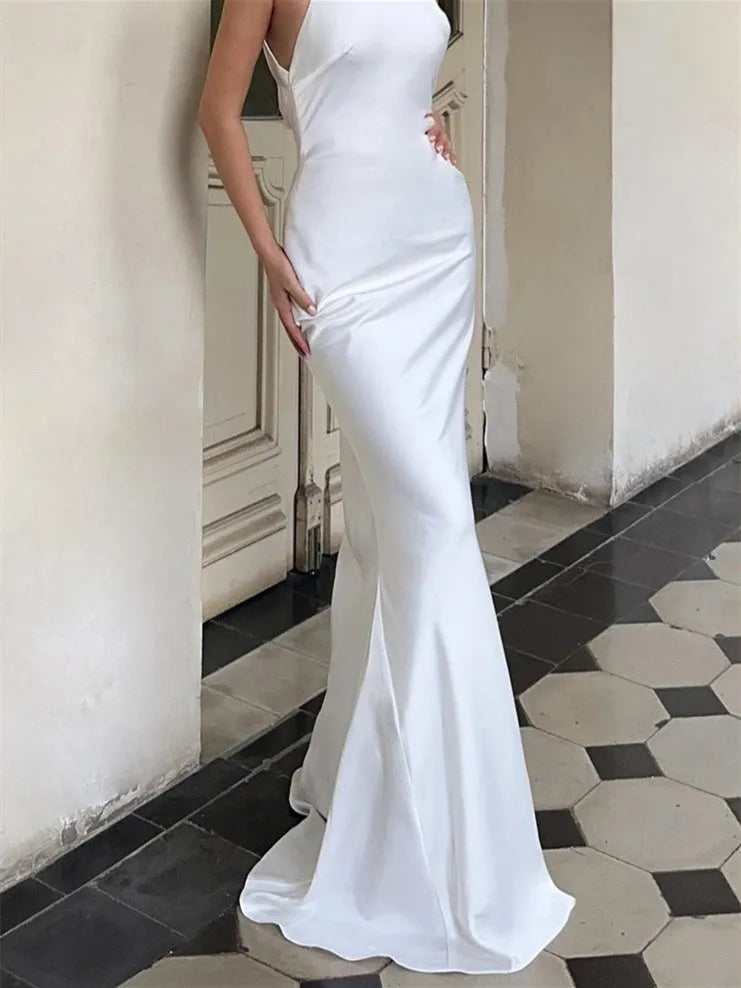 White Minimalist Wedding Dress Halter Neckline Floor Length Silhouette