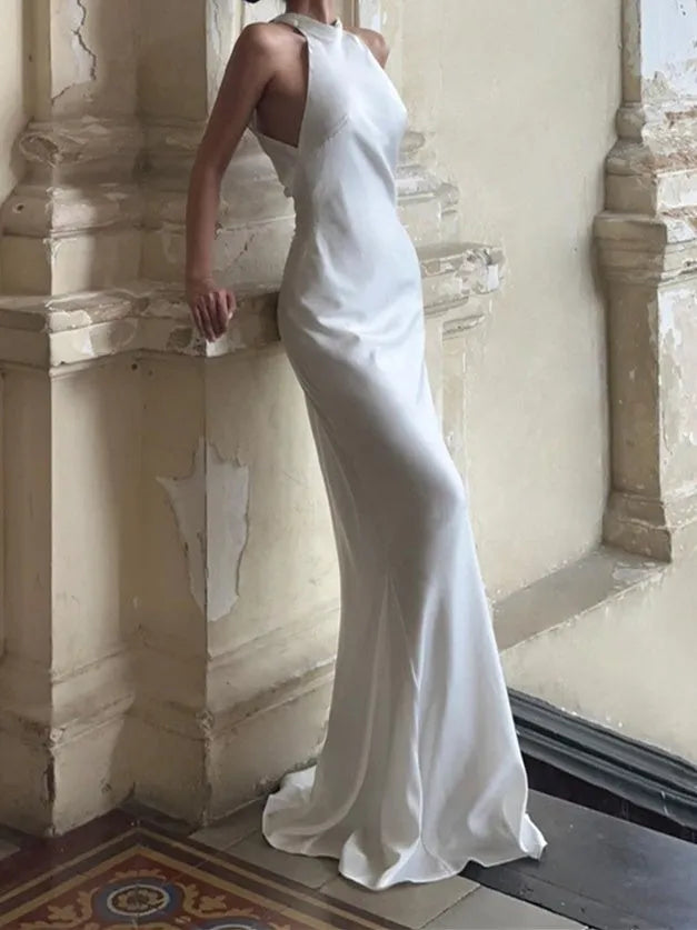 White Minimalist Wedding Dress Halter Neckline Floor Length Silhouette