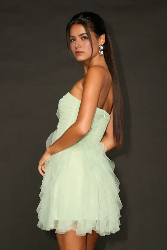 Green Mint Strapless Dress Fluffy Tiered Ruffles for Back to Homecoming Dresses