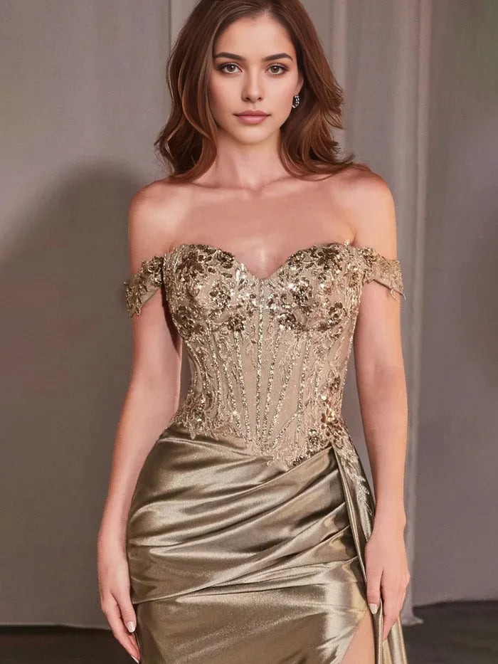 Mocha Prom Dress Off The Shoulder Sweetheart Sequins Trumpet/Mermaid Prom Dress With Slit