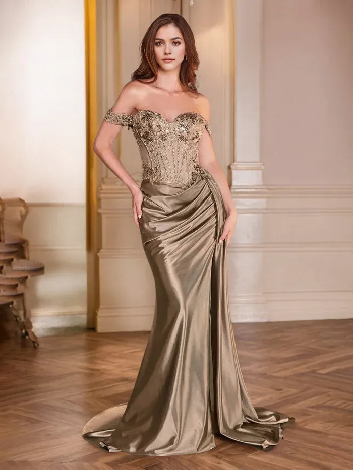 Mocha Prom Dress Off The Shoulder Sweetheart Sequins Trumpet/Mermaid Prom Dress With Slit