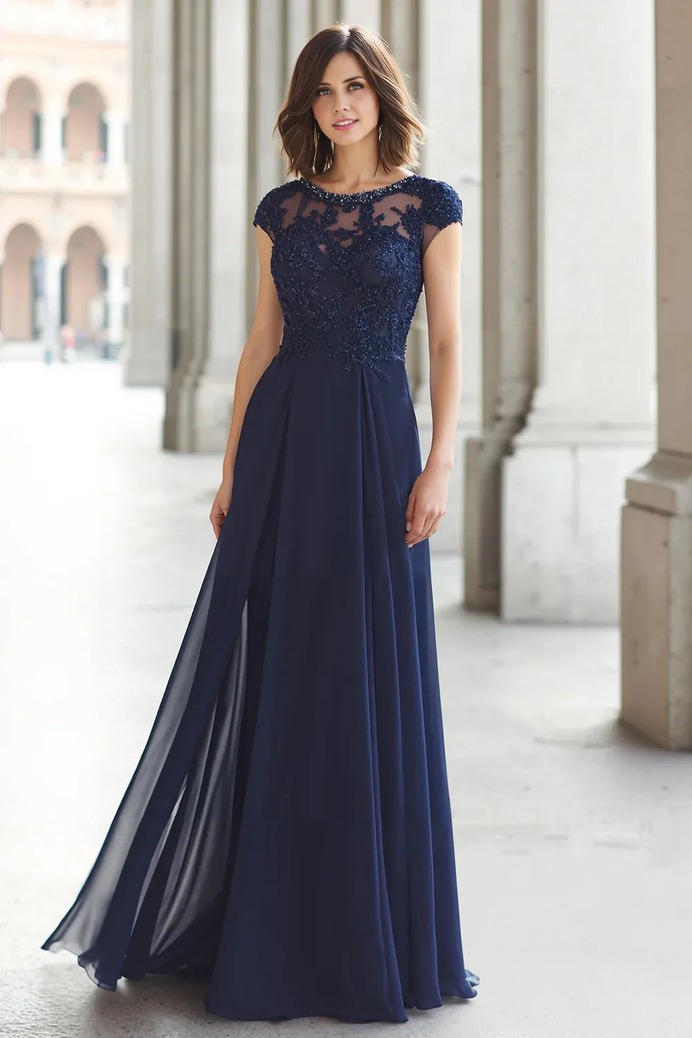Elegant Navy Blue Chiffon A-Line Short Sleeve Floor-Length Mother of the Bride Dress