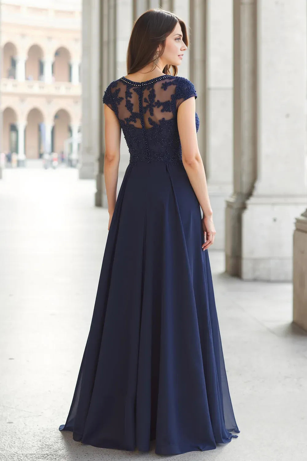 Elegant Navy Blue Chiffon A-Line Short Sleeve Floor-Length Mother of the Bride Dress