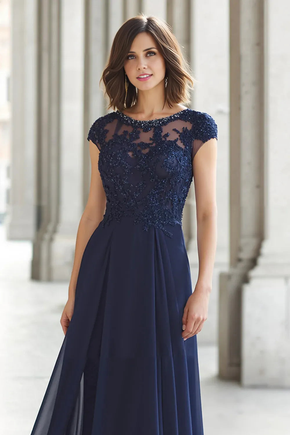 Elegant Navy Blue Chiffon A-Line Short Sleeve Floor-Length Mother of the Bride Dress