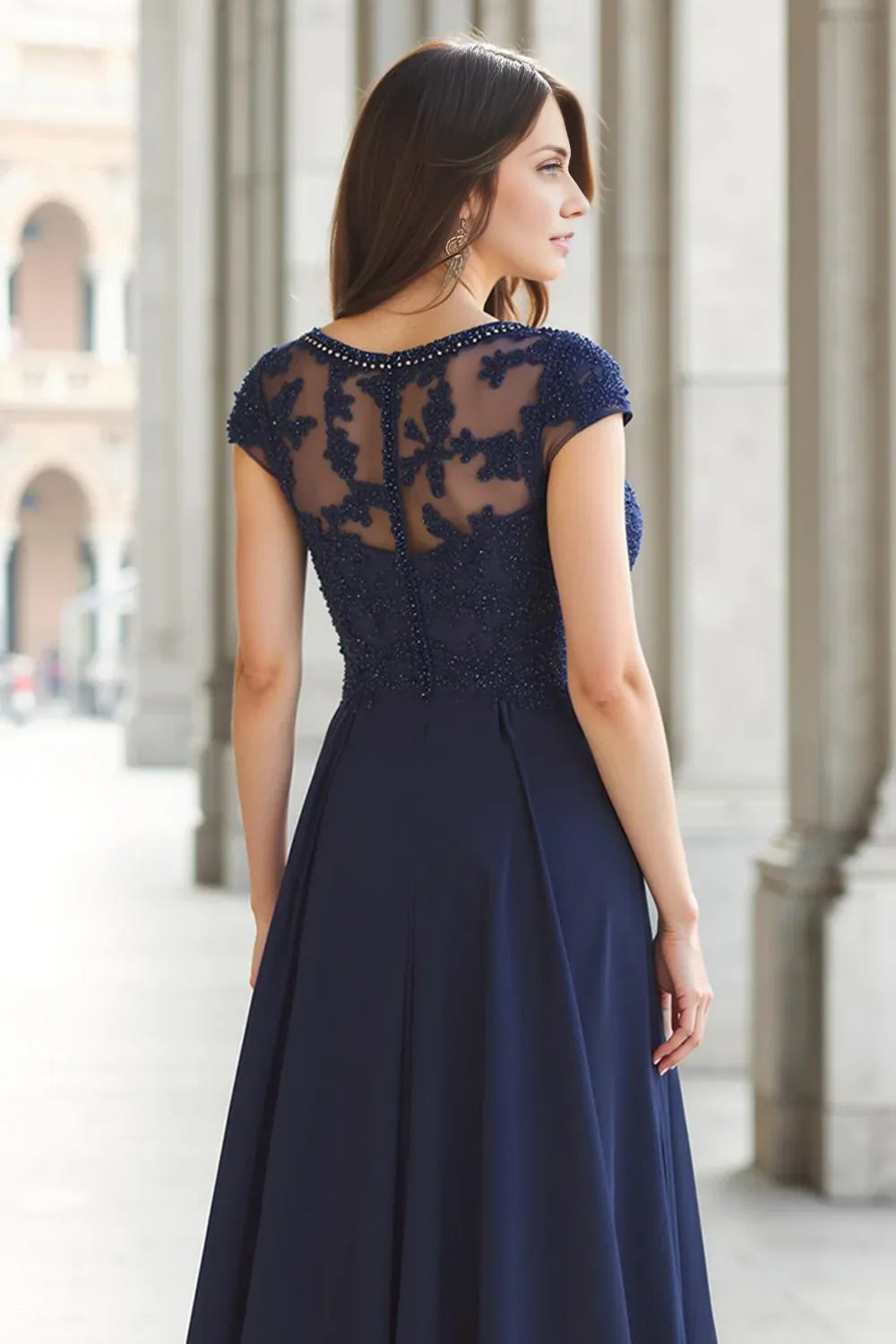 Elegant Navy Blue Chiffon A-Line Short Sleeve Floor-Length Mother of the Bride Dress