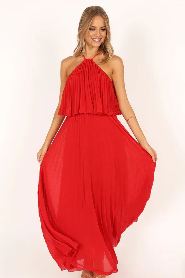 Sophisticated Graceful Stylish Refined Elegant Red Chiffon A-Line Halter Sleeveless Prom Dress