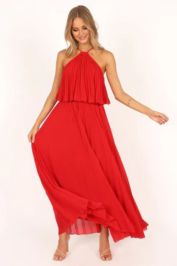 Sophisticated Graceful Stylish Refined Elegant Red Chiffon A-Line Halter Sleeveless Prom Dress
