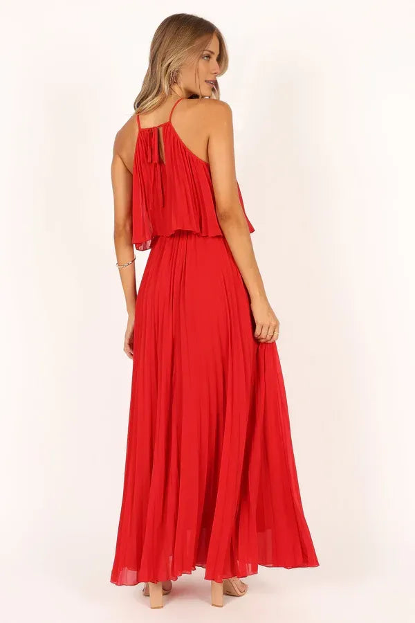 Sophisticated Graceful Stylish Refined Elegant Red Chiffon A-Line Halter Sleeveless Prom Dress