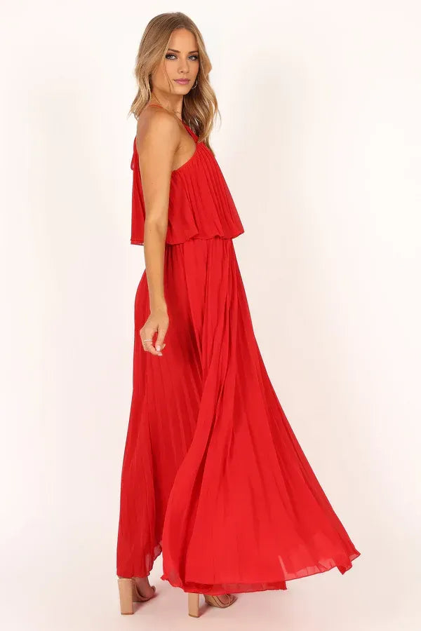 Sophisticated Graceful Stylish Refined Elegant Red Chiffon A-Line Halter Sleeveless Prom Dress