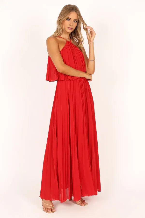 Sophisticated Graceful Stylish Refined Elegant Red Chiffon A-Line Halter Sleeveless Prom Dress
