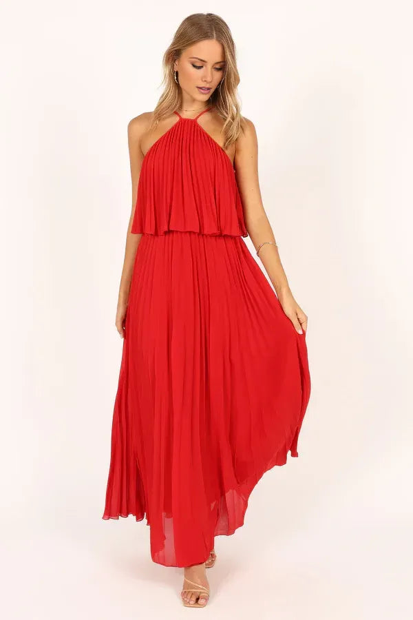 Sophisticated Graceful Stylish Refined Elegant Red Chiffon A-Line Halter Sleeveless Prom Dress