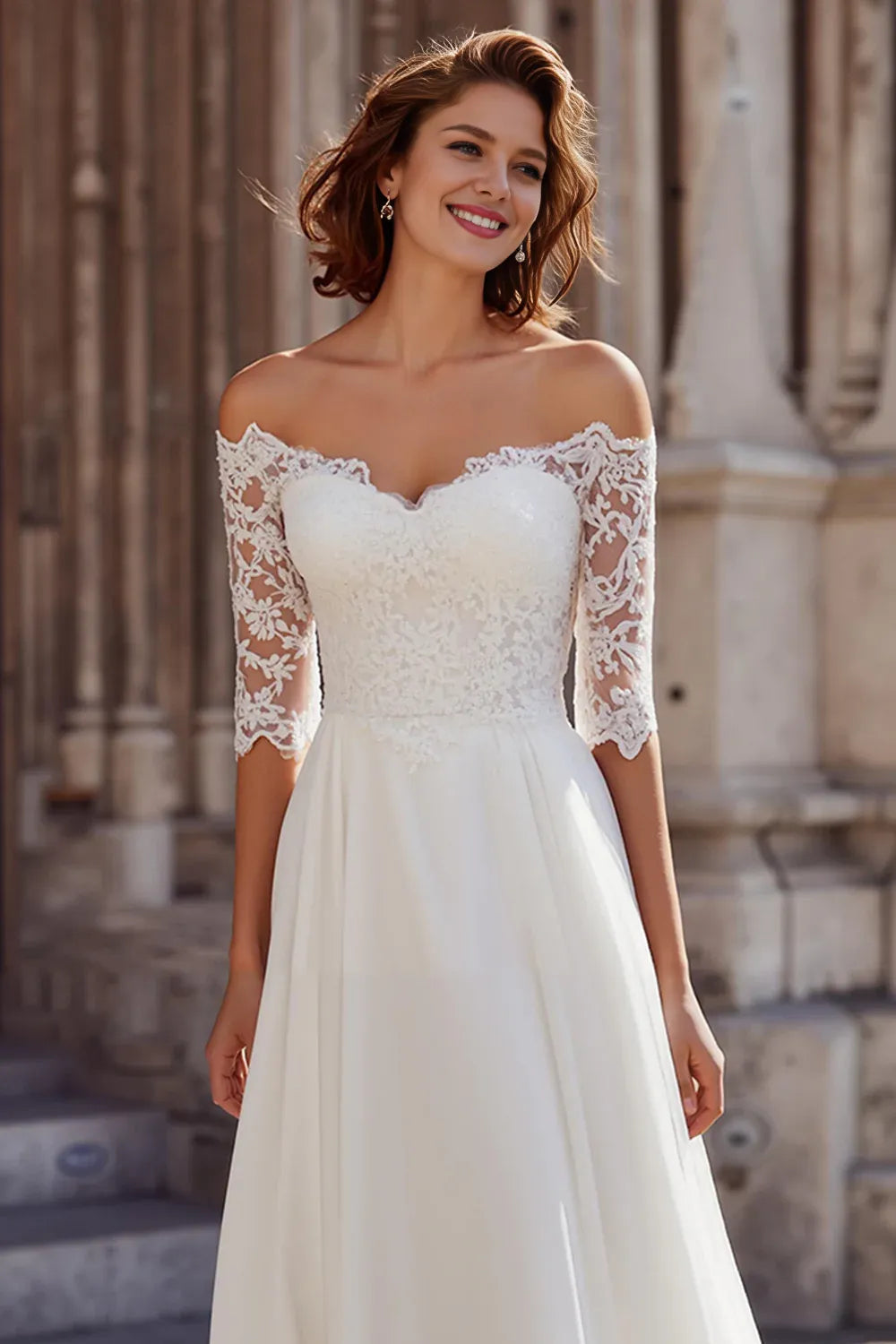 Stylish Refined Beautiful Timeless Special Occasion Elegant Ivory Chiffon A-Line Wedding Dress