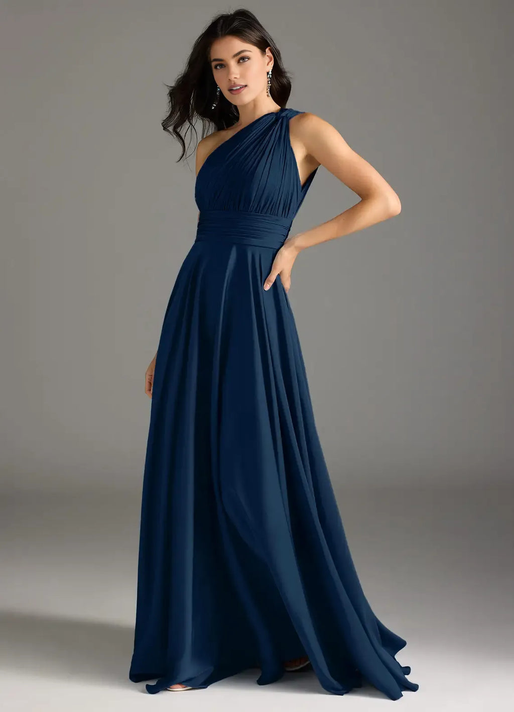 Beautiful Timeless Chic Elegant Navy Blue Chiffon A-Line Sleeveless Floor-Length Evening Dress