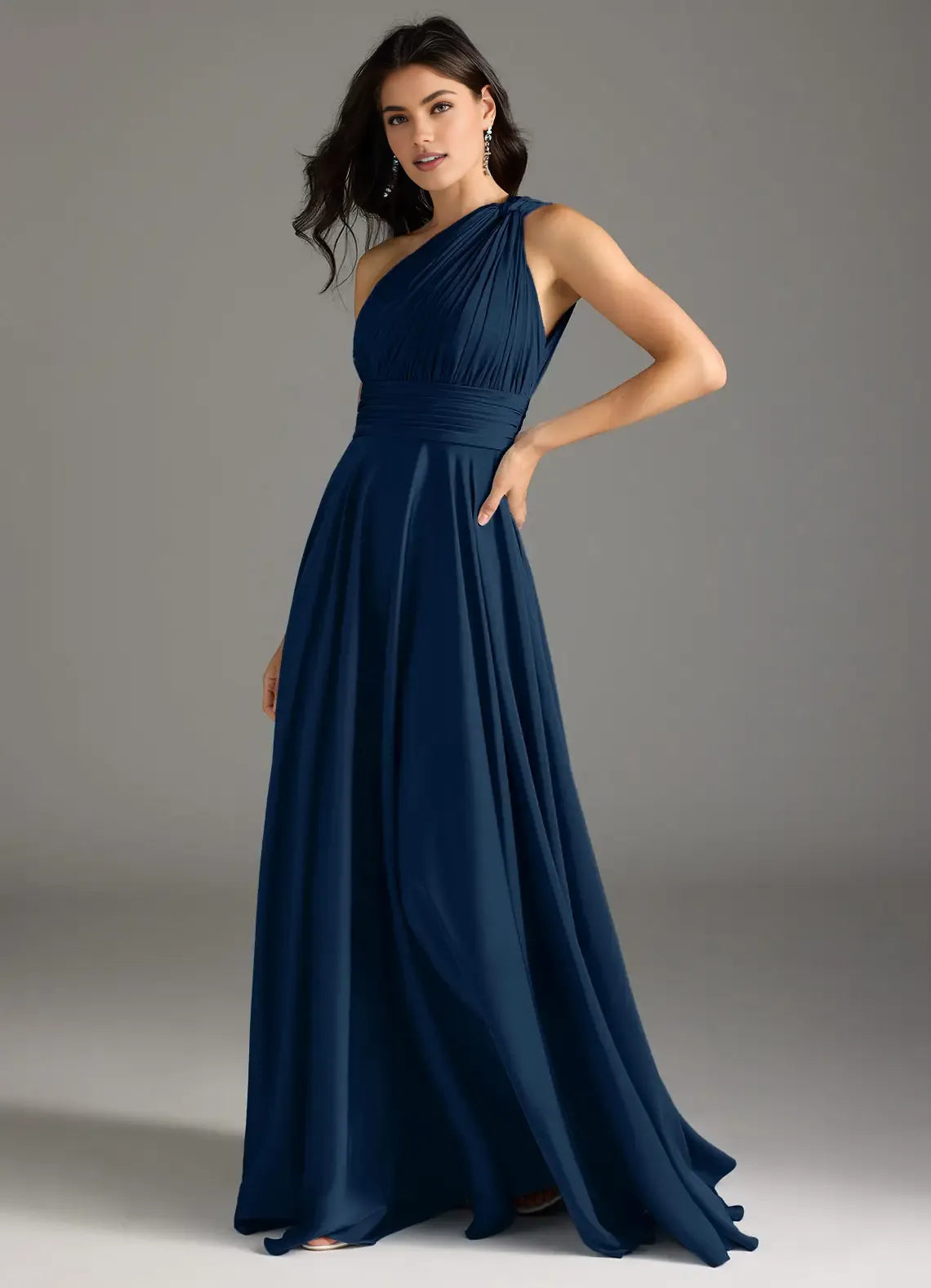 Beautiful Timeless Chic Elegant Navy Blue Chiffon A-Line Sleeveless Floor-Length Evening Dress