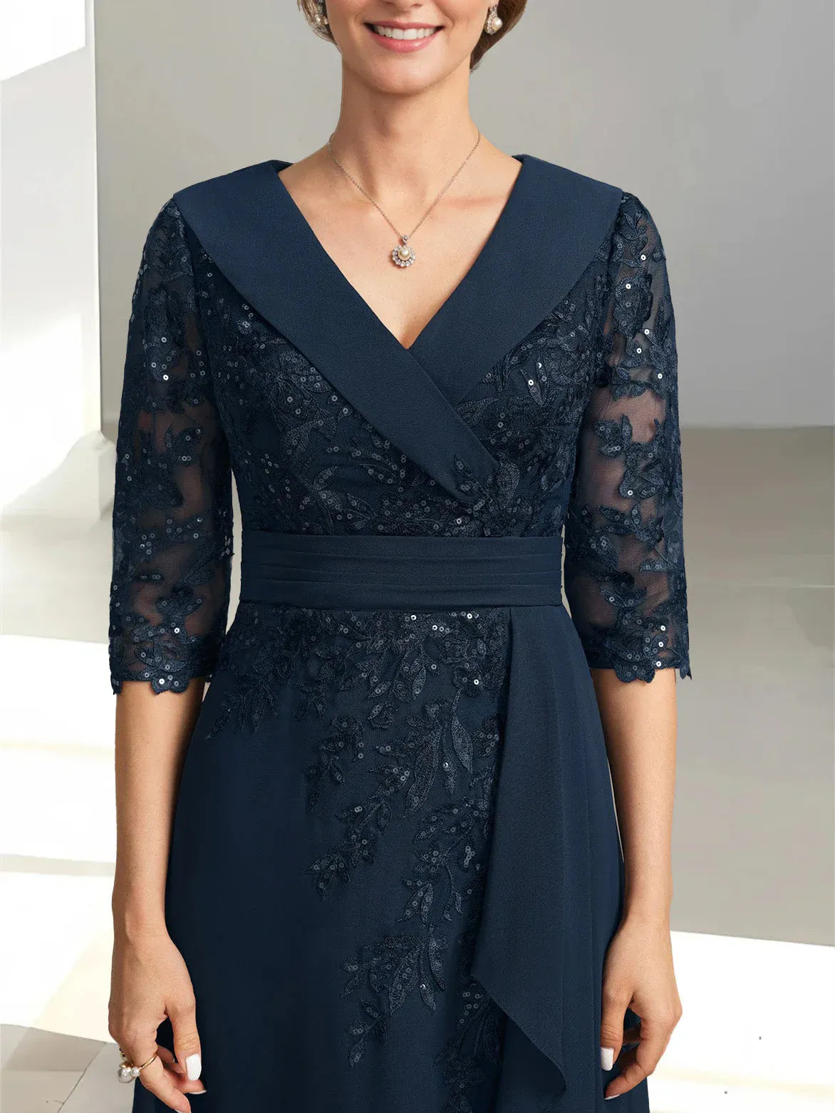 Beautiful Elegant Chiffon A-Line V-Neck Ruffle Floor-Length Mother of the Bride Dress