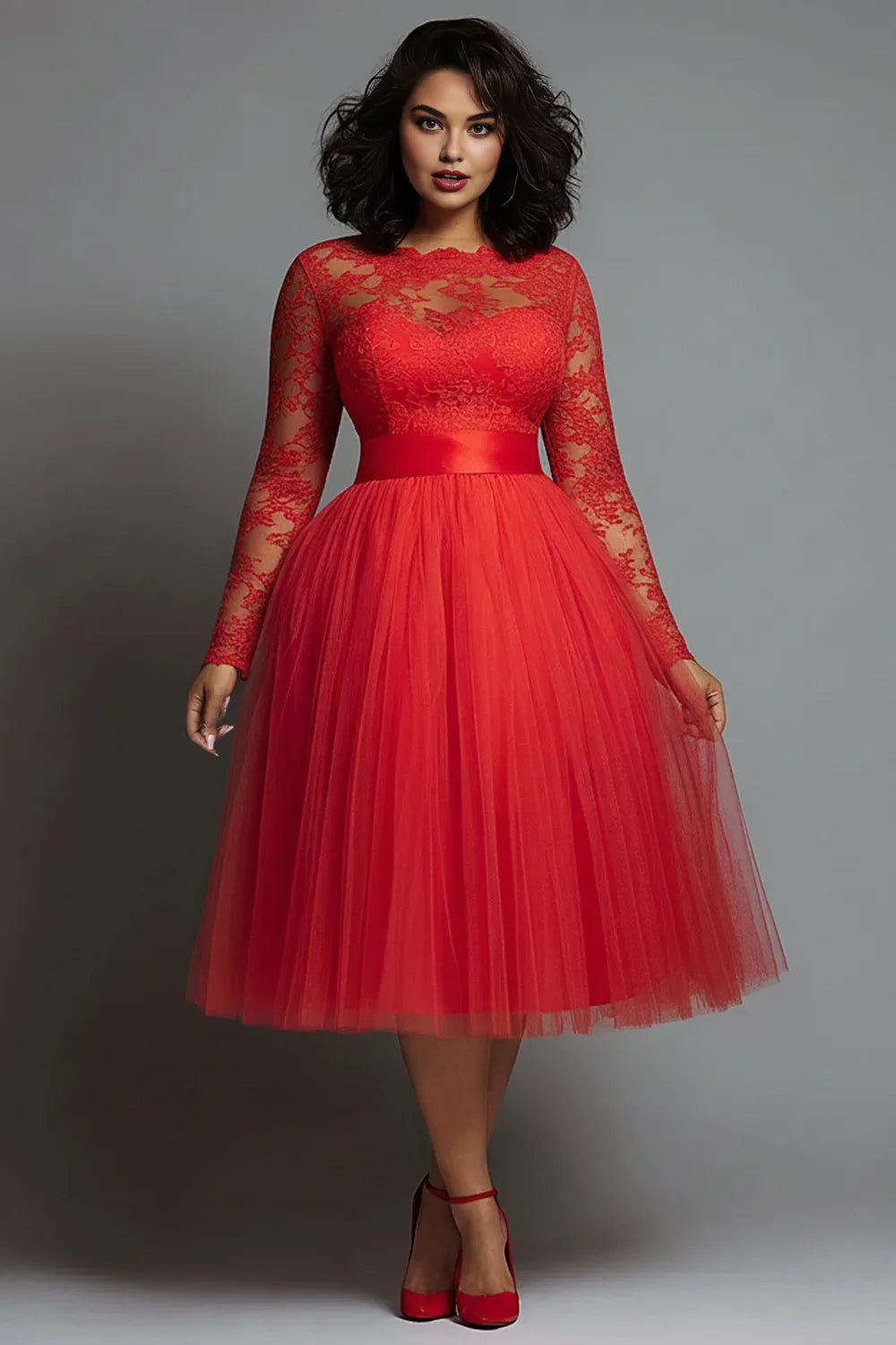 Special Occasion Sophisticated Graceful Elegant Red Tulle A-Line Long Sleeve Midi Prom Dress