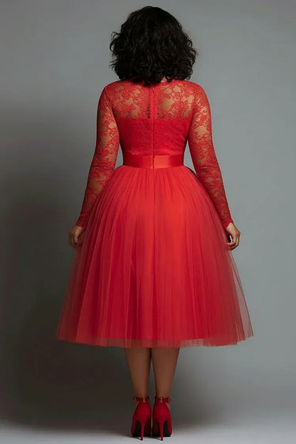 Special Occasion Sophisticated Graceful Elegant Red Tulle A-Line Long Sleeve Midi Prom Dress