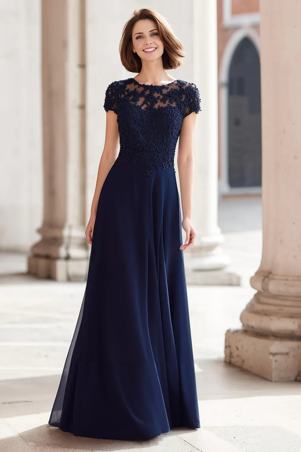 Elegant Navy Blue Chiffon A-Line Short Sleeve Floor-Length Mother of the Bride Dress