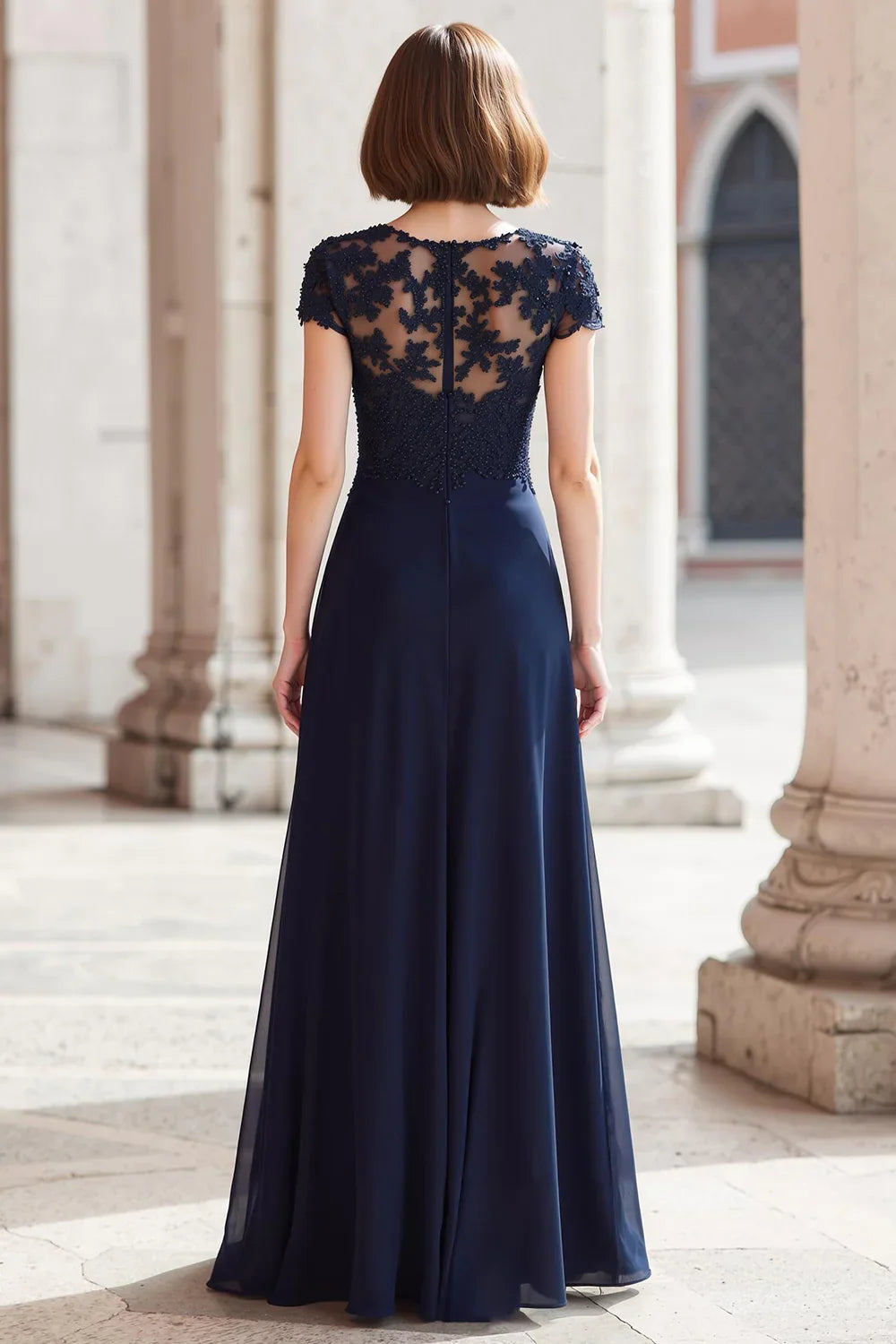 Elegant Navy Blue Chiffon A-Line Short Sleeve Floor-Length Mother of the Bride Dress