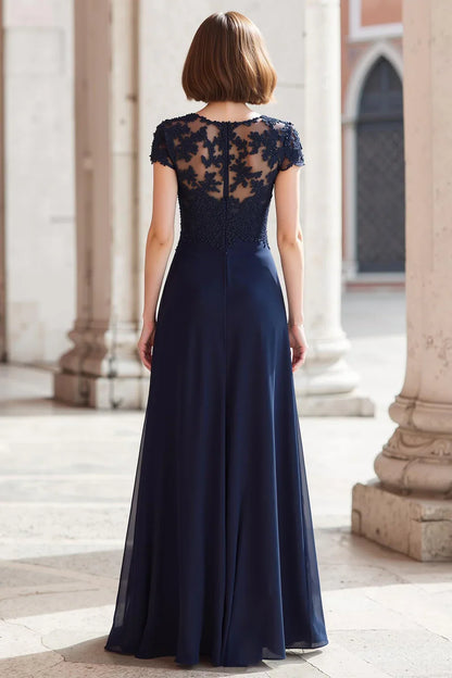 Elegant Navy Blue Chiffon A-Line Short Sleeve Floor-Length Mother of the Bride Dress