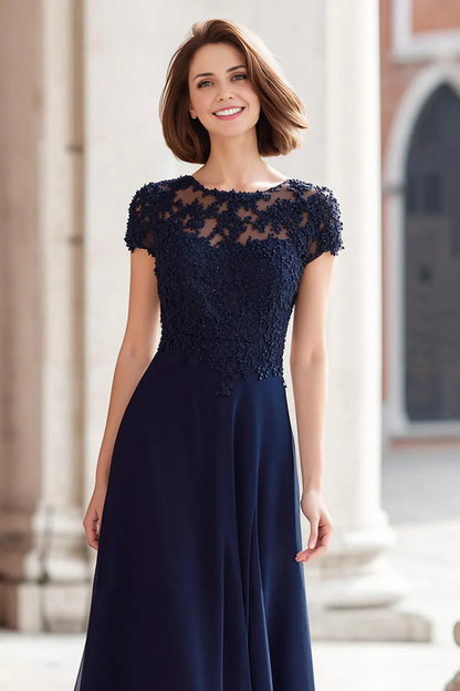 Elegant Navy Blue Chiffon A-Line Short Sleeve Floor-Length Mother of the Bride Dress